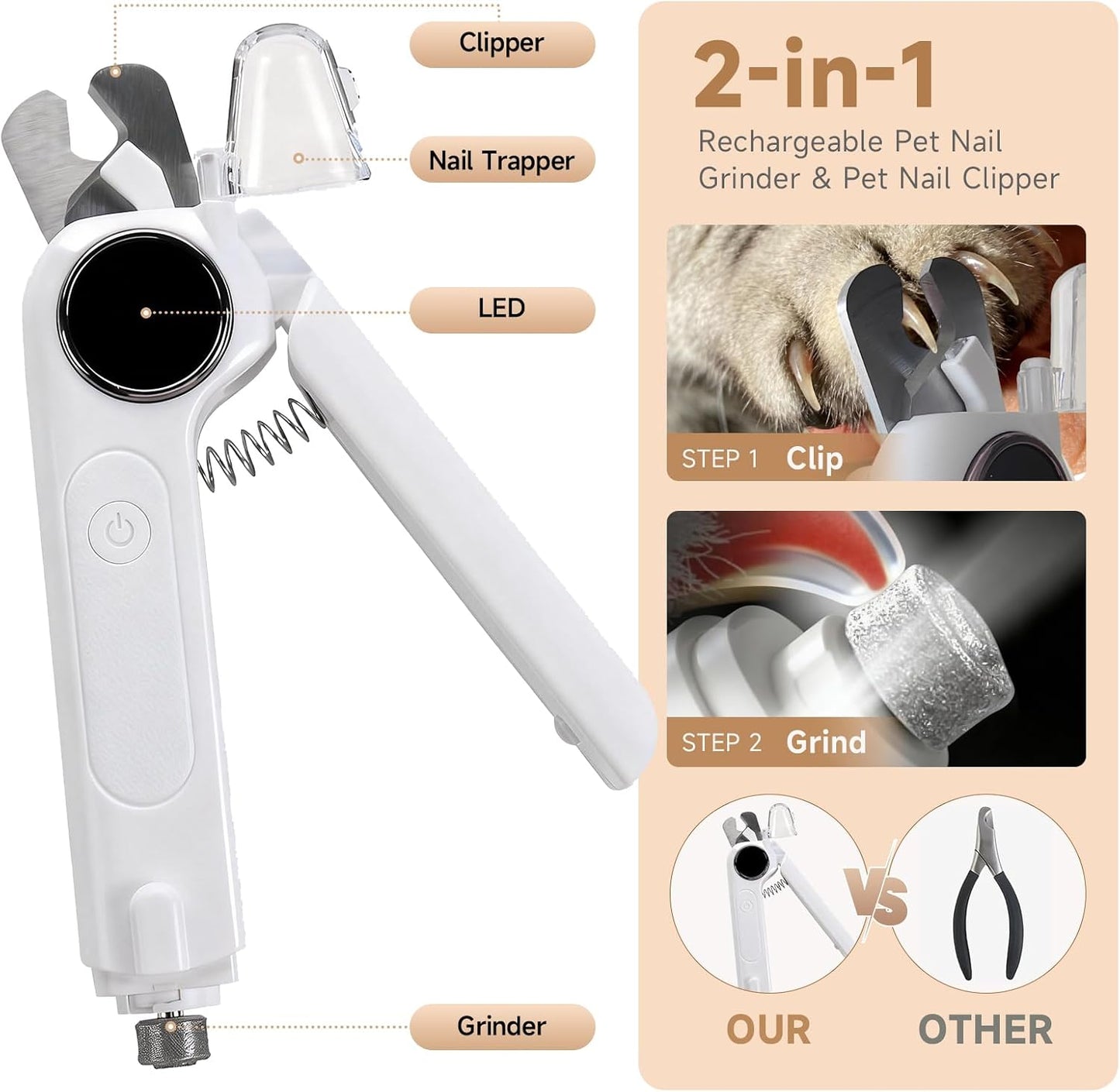 2-In-1 Dogs Cats Nail Electric Clipper & Grinder Quiet, Pet Nail Trimmers | Electric Nail Clippers with Light for Large Medium Small Dog & Cat, 3 Speed Grinder Nail Clipping Safety Guard Rechargeable