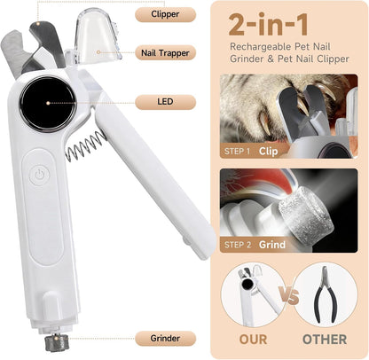 2-In-1 Dogs Cats Nail Electric Clipper & Grinder Quiet, Pet Nail Trimmers | Electric Nail Clippers with Light for Large Medium Small Dog & Cat, 3 Speed Grinder Nail Clipping Safety Guard Rechargeable
