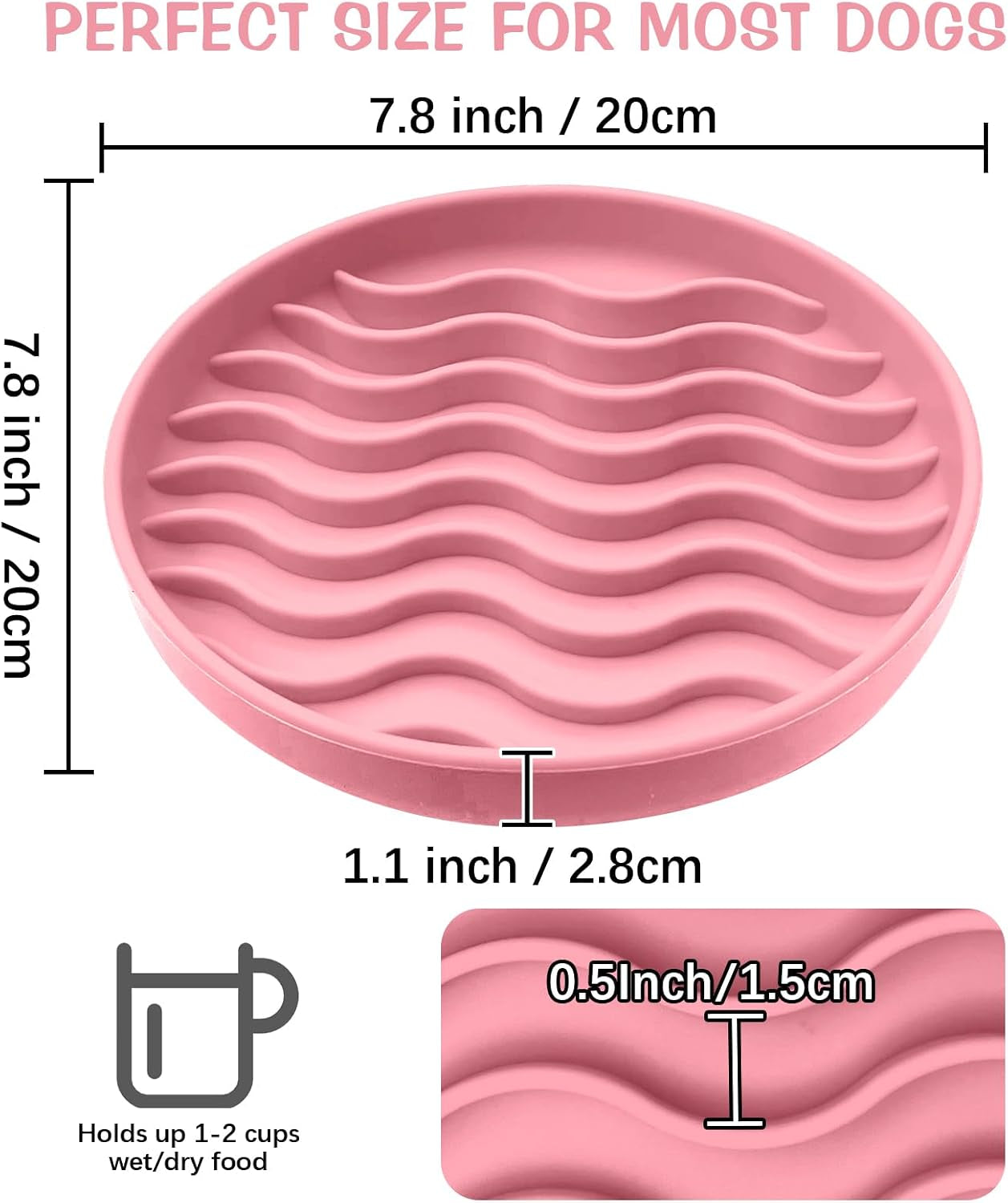 Pink silicone slow feeder dog bowl with wavy raised ridges
