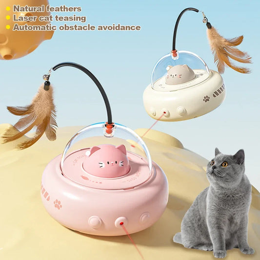 Electric UFO cat teaser toy with feather wand and bell - supplier product photo 1