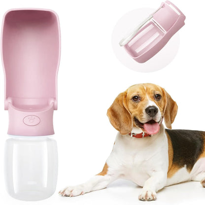 Pink portable dog water bottle with fold-out drinking tray
