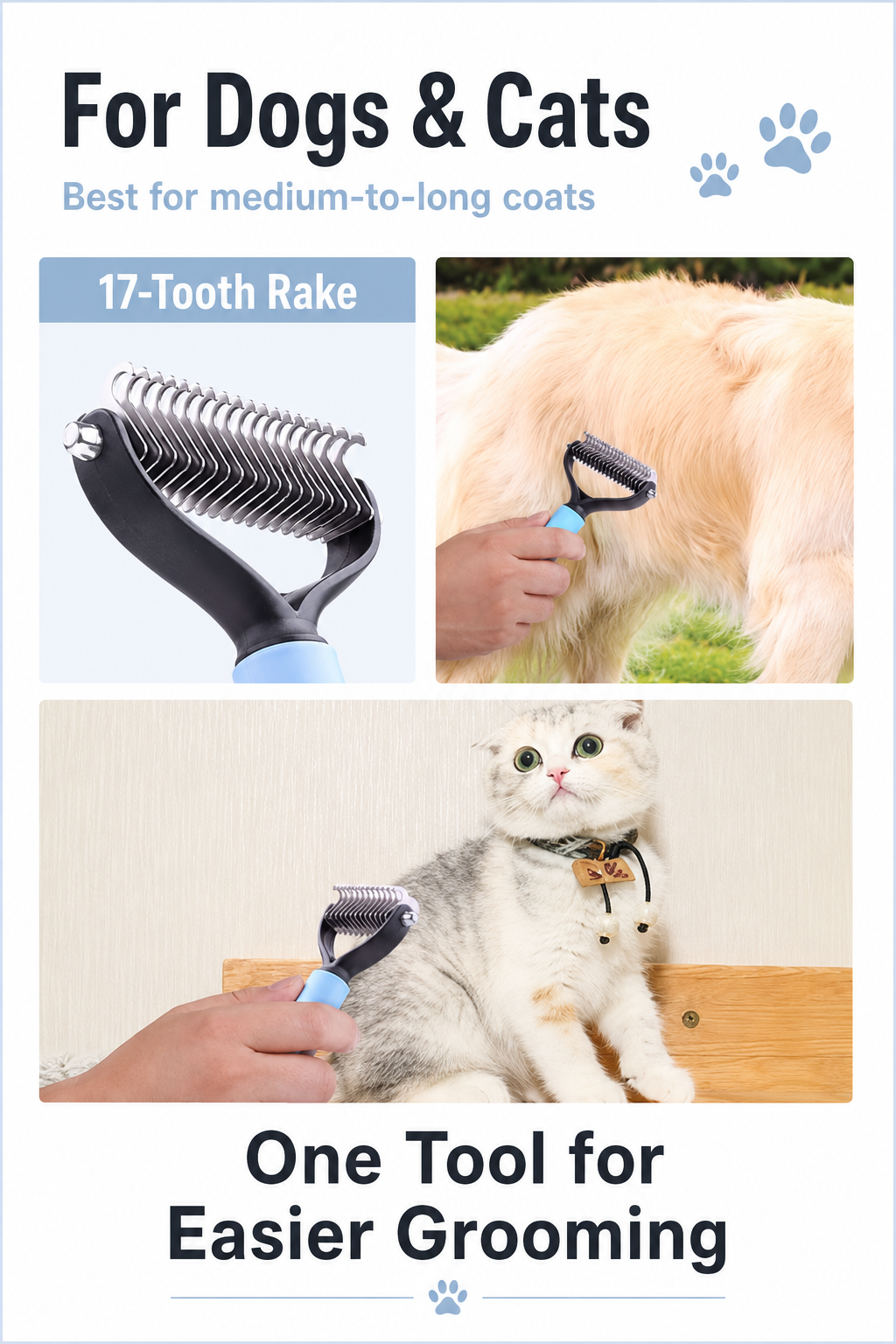 17-Tooth Pet Dematting Rake for Dogs & Cats