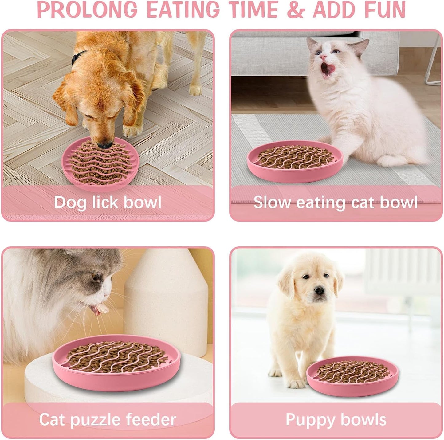 Pink silicone slow feeder dog bowl with wavy raised ridges
