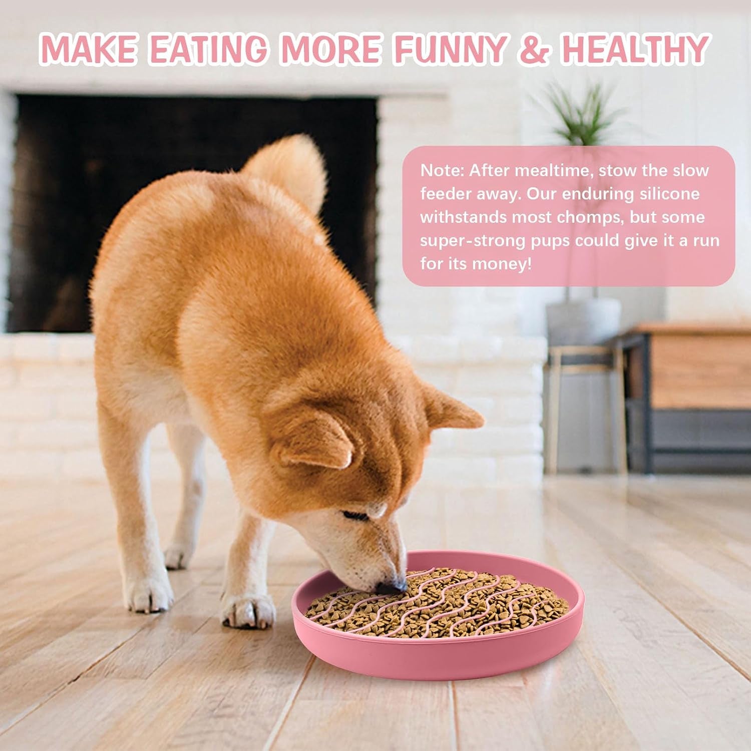 Pink silicone slow feeder dog bowl with wavy raised ridges
