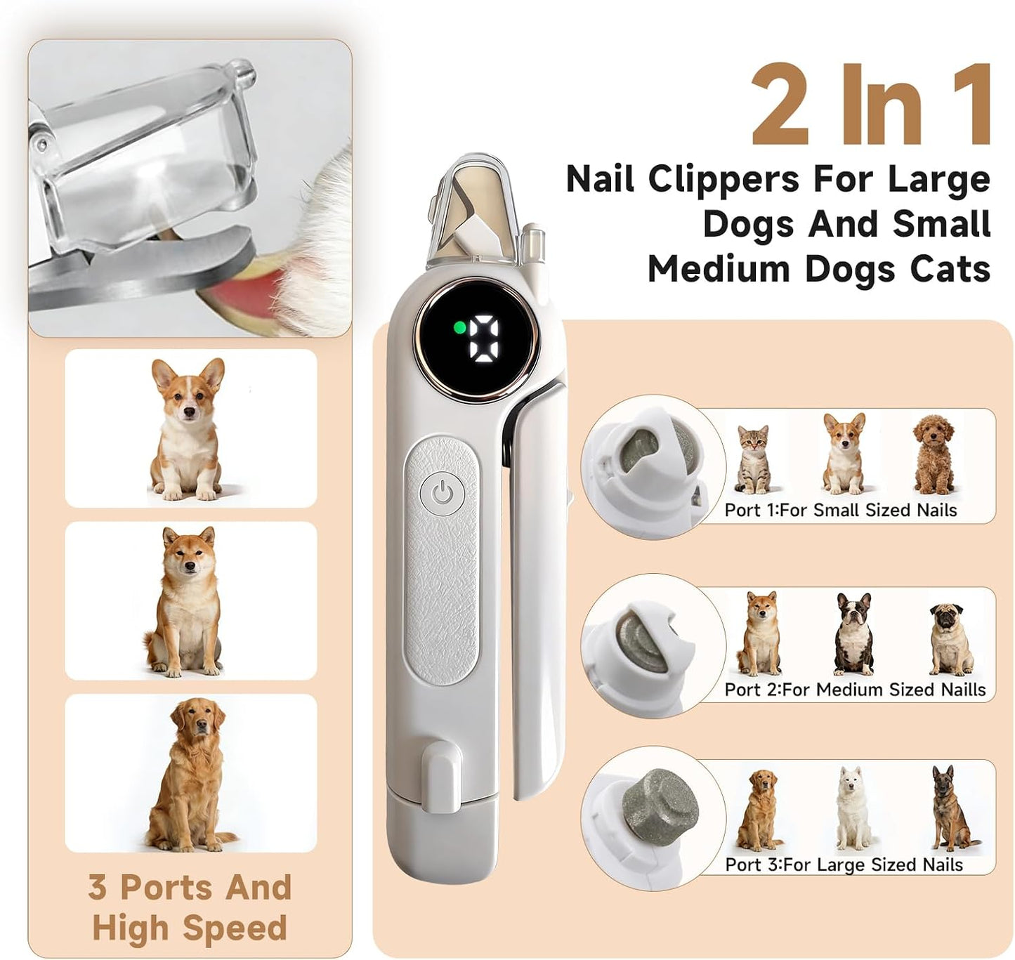 2-In-1 Dogs Cats Nail Electric Clipper & Grinder Quiet, Pet Nail Trimmers | Electric Nail Clippers with Light for Large Medium Small Dog & Cat, 3 Speed Grinder Nail Clipping Safety Guard Rechargeable