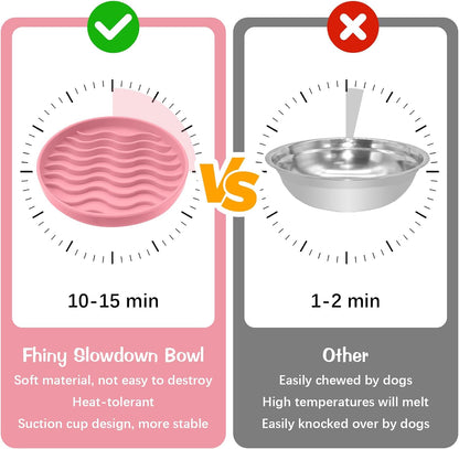 Pink silicone slow feeder dog bowl with wavy raised ridges
