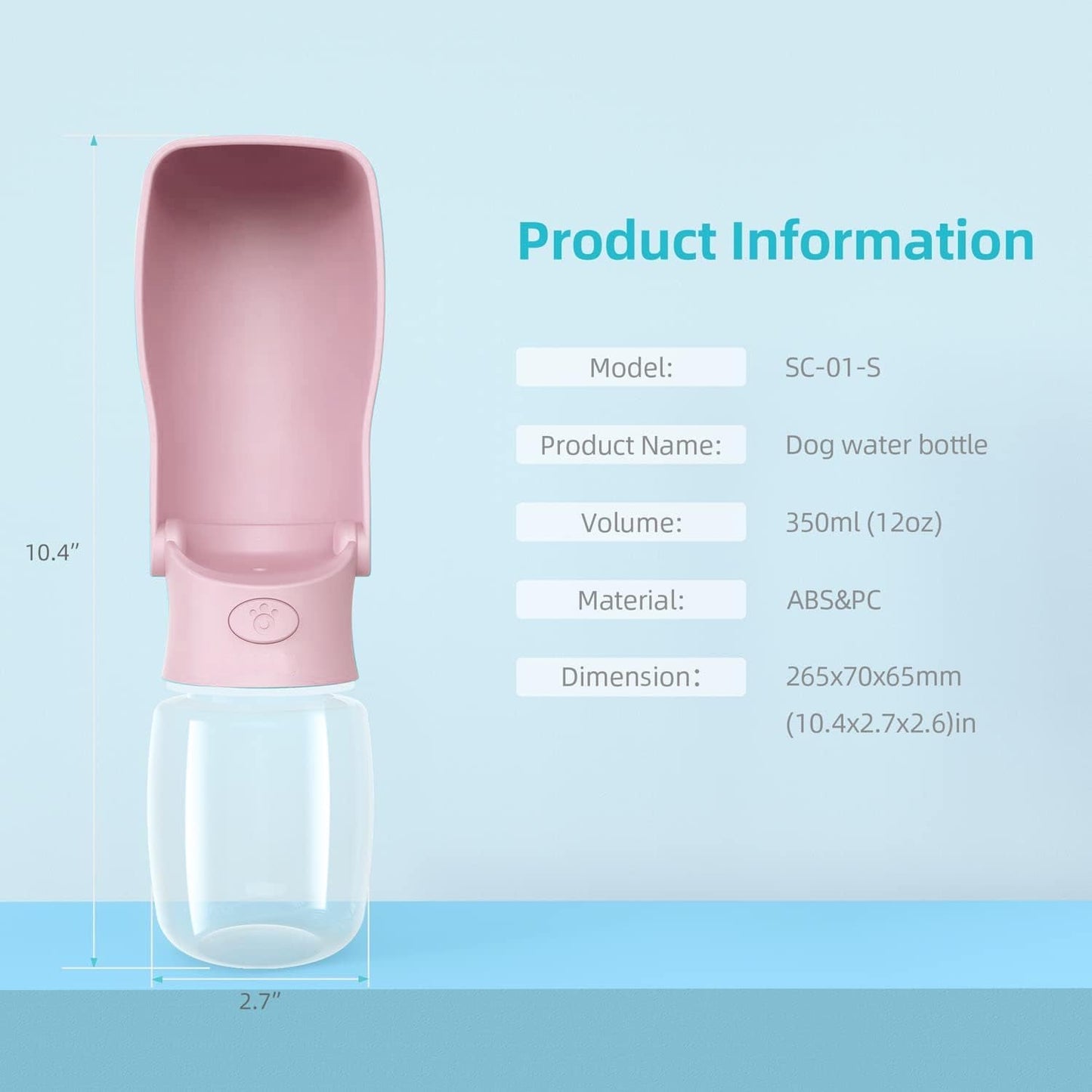 Portable Dog Water Bottle for Walking, 12 OZ Pet Water Bottle for Puppy Small Medium Large Dogs, Water Dispenser Pet Water Bowl Dog Accessories (Pink)