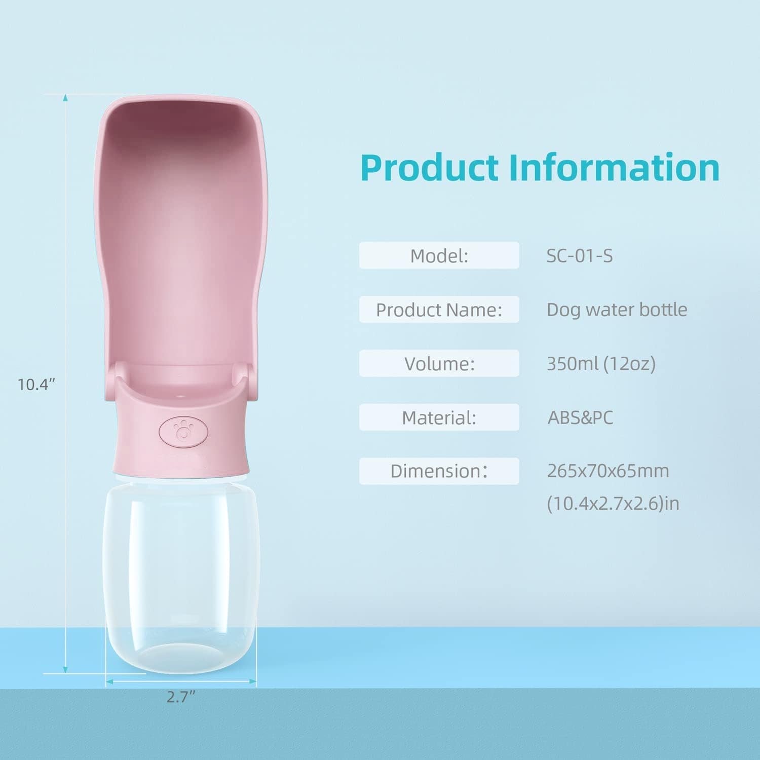 Portable Dog Water Bottle for Walking, 12 OZ Pet Water Bottle for Puppy Small Medium Large Dogs, Water Dispenser Pet Water Bowl Dog Accessories (Pink)