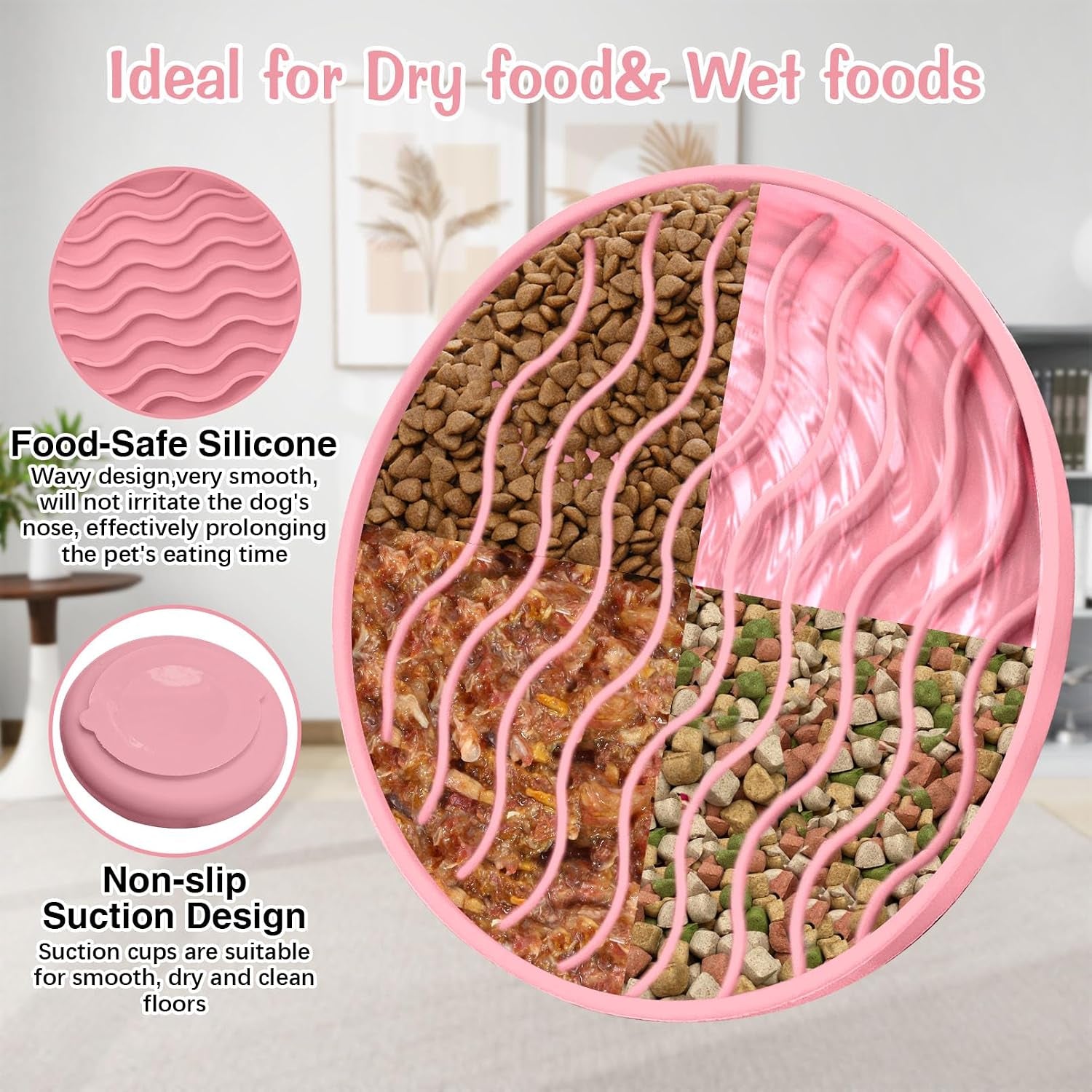 Pink silicone slow feeder dog bowl with wavy raised ridges
